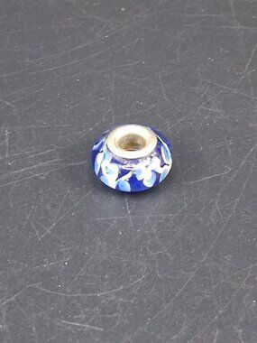 Glass Charm Bead With Blue Floral Design & Metal Core